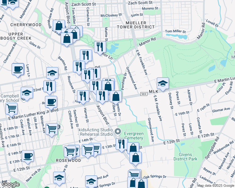 map of restaurants, bars, coffee shops, grocery stores, and more near 1904 Pershing Drive in Austin