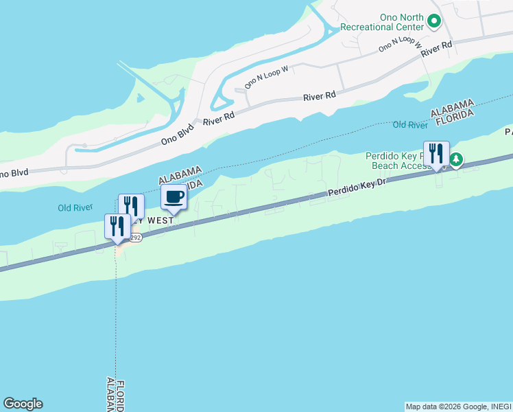 map of restaurants, bars, coffee shops, grocery stores, and more near 17000 Perdido Key Drive in Pensacola