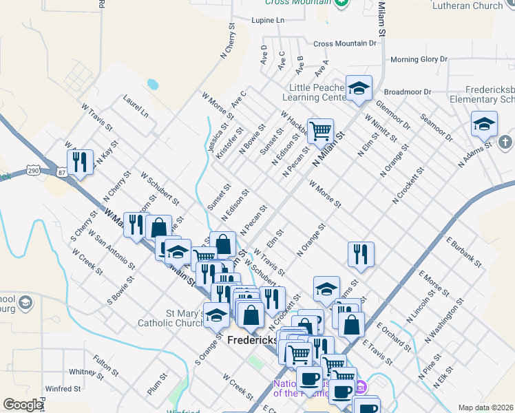 map of restaurants, bars, coffee shops, grocery stores, and more near 508 N Pecan St in Fredericksburg