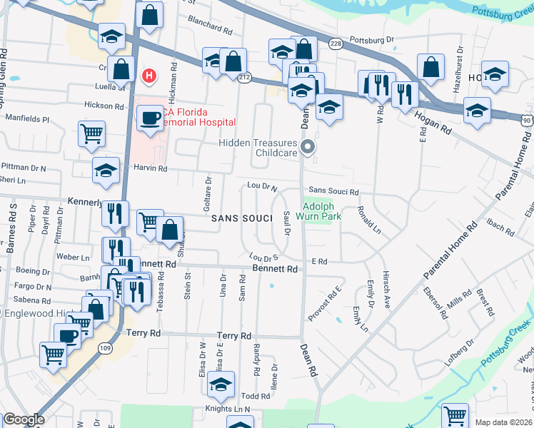 map of restaurants, bars, coffee shops, grocery stores, and more near 2146 West Nathan Drive in Jacksonville