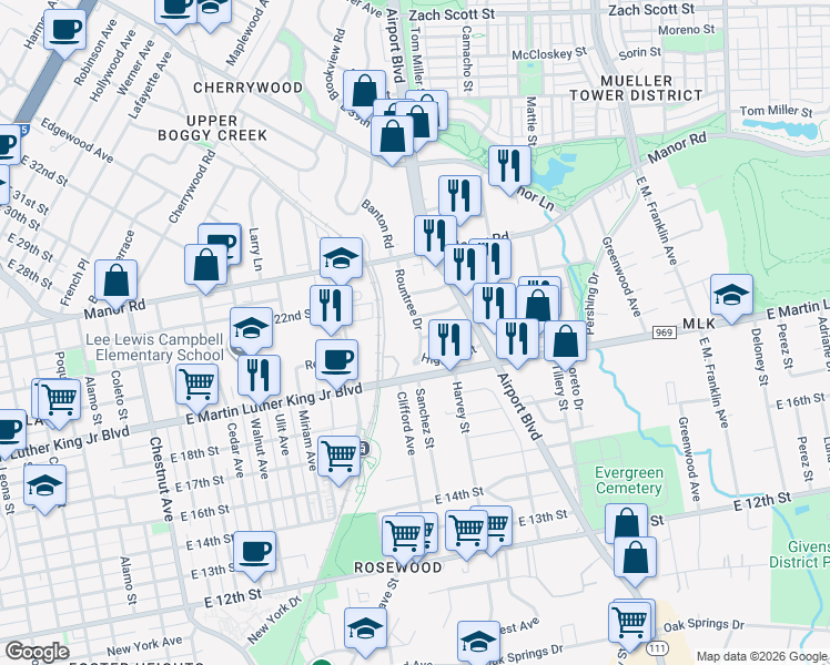 map of restaurants, bars, coffee shops, grocery stores, and more near 2100 Rountree Drive in Austin