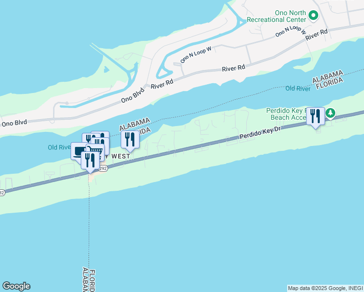 map of restaurants, bars, coffee shops, grocery stores, and more near 17000 Perdido Key Drive in Pensacola