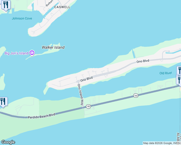 map of restaurants, bars, coffee shops, grocery stores, and more near 3956 Barancas Ky in Orange Beach