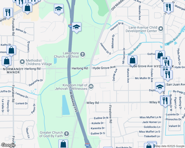 map of restaurants, bars, coffee shops, grocery stores, and more near 7259 Electra Drive South in Jacksonville
