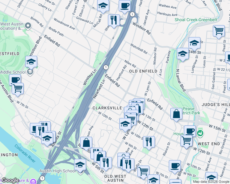 map of restaurants, bars, coffee shops, grocery stores, and more near 1718 Palma Plaza in Austin