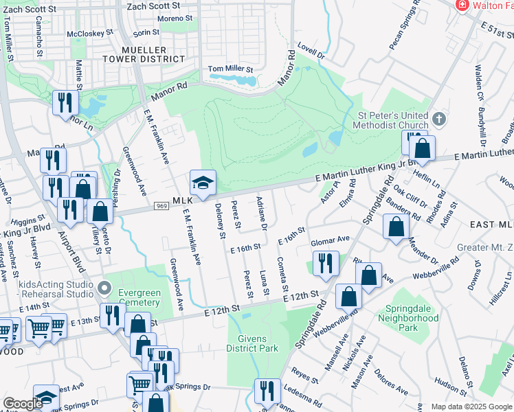 map of restaurants, bars, coffee shops, grocery stores, and more near 3907 Carmel Drive in Austin