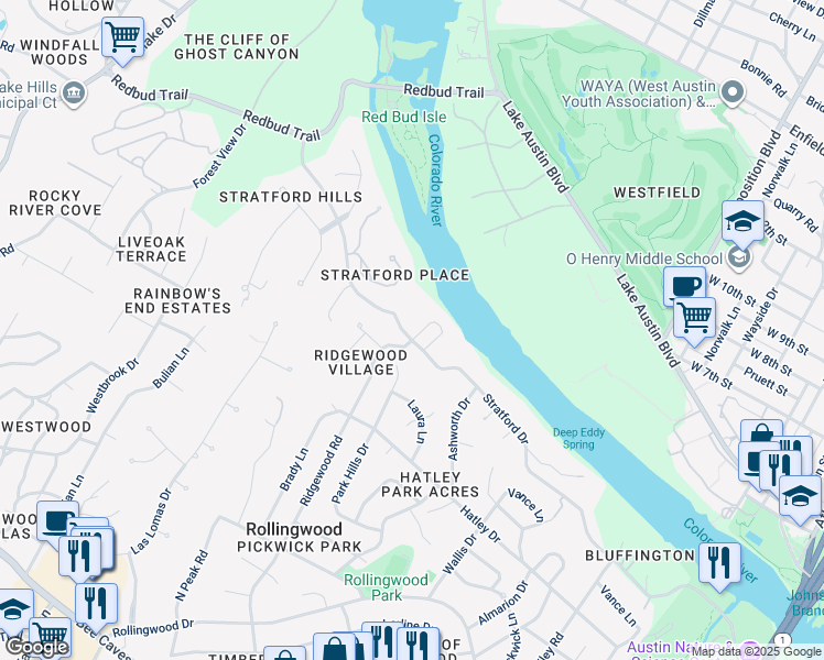 map of restaurants, bars, coffee shops, grocery stores, and more near 104 Canyon Circle West in Austin