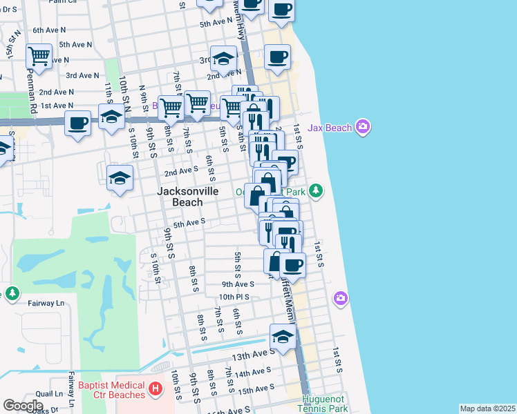 map of restaurants, bars, coffee shops, grocery stores, and more near 333 5th Avenue South in Jacksonville Beach