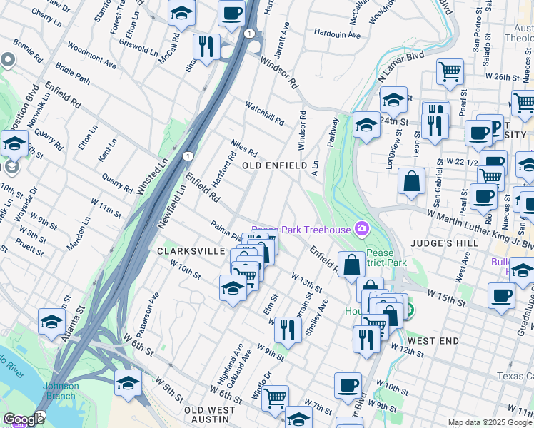 map of restaurants, bars, coffee shops, grocery stores, and more near 1507 Pease Road in Austin
