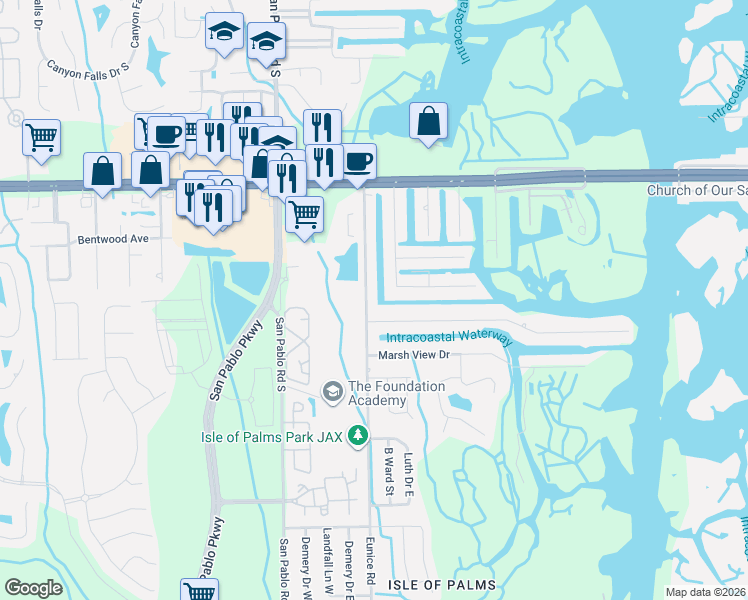 map of restaurants, bars, coffee shops, grocery stores, and more near 3479 Eunice Road in Jacksonville
