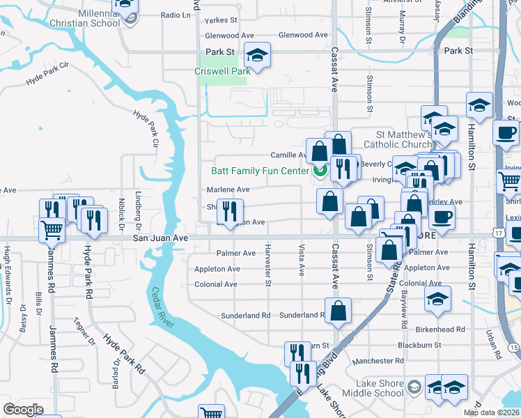 map of restaurants, bars, coffee shops, grocery stores, and more near 5210 Shirley Avenue in Jacksonville