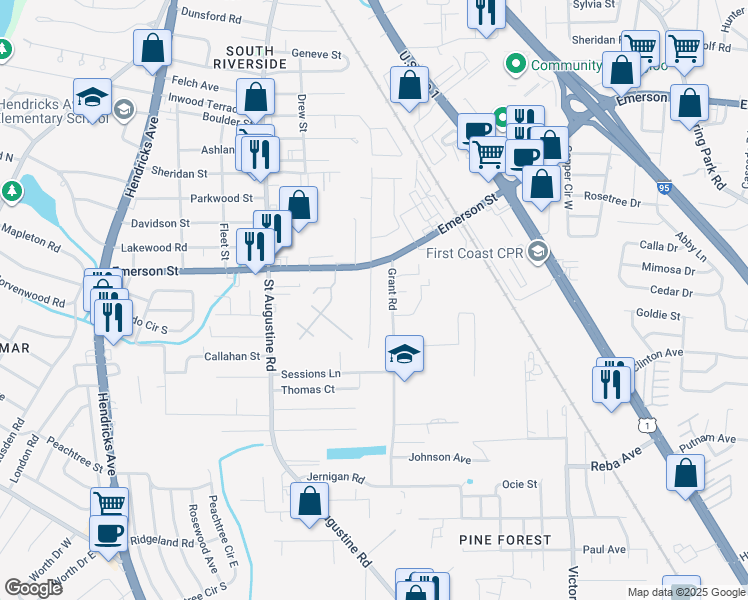 map of restaurants, bars, coffee shops, grocery stores, and more near 3793 Freeman Road in Jacksonville