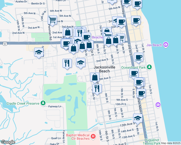 map of restaurants, bars, coffee shops, grocery stores, and more near 321B South 10th Street in Jacksonville Beach