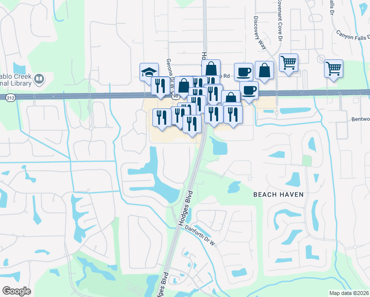 map of restaurants, bars, coffee shops, grocery stores, and more near 3789 Casitas Drive in Jacksonville