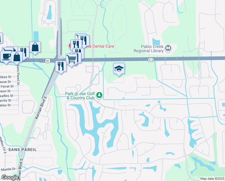 map of restaurants, bars, coffee shops, grocery stores, and more near 12780 Oxford Crossing Drive in Jacksonville