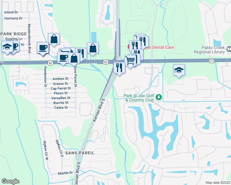map of restaurants, bars, coffee shops, grocery stores, and more near Unnamed Road in Jacksonville