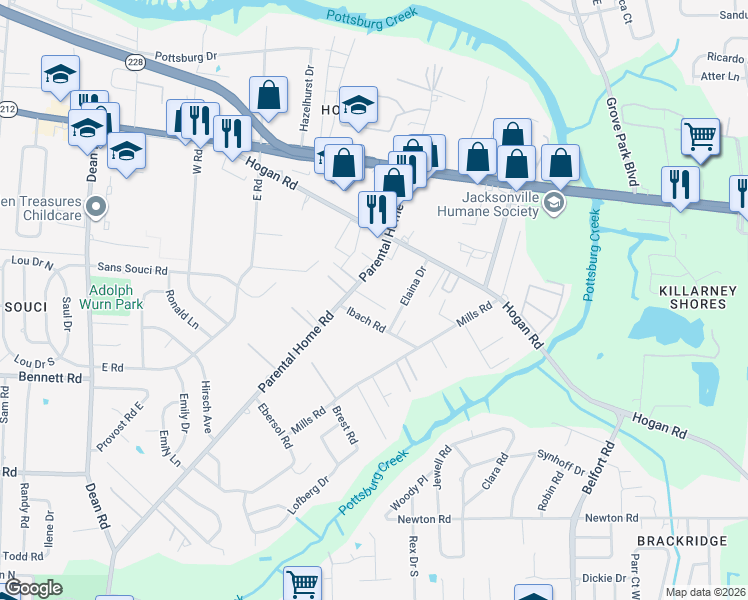 map of restaurants, bars, coffee shops, grocery stores, and more near 8067 Parental Circle in Jacksonville