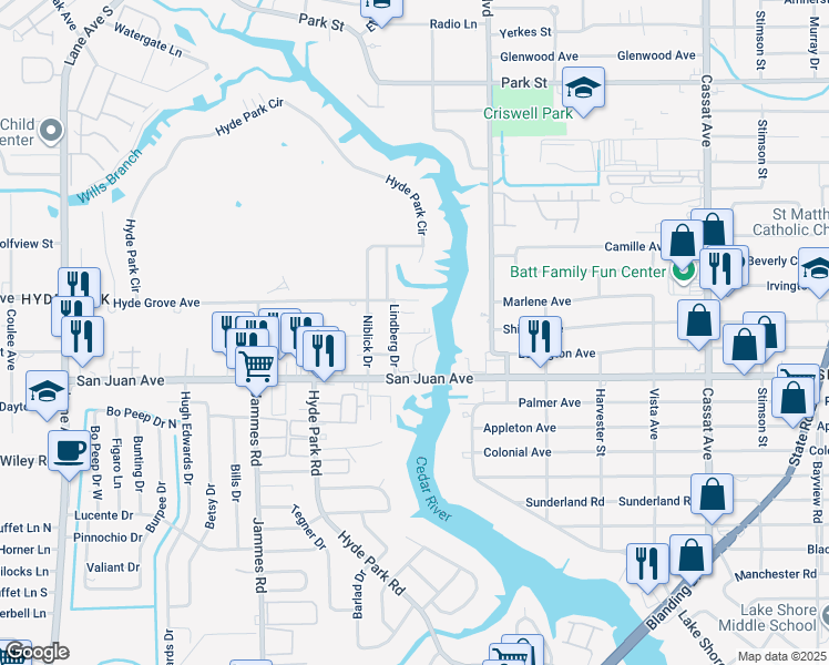 map of restaurants, bars, coffee shops, grocery stores, and more near 5615 San Juan Avenue in Jacksonville