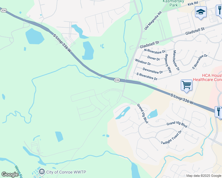 map of restaurants, bars, coffee shops, grocery stores, and more near 2275 Riverway Drive in Conroe