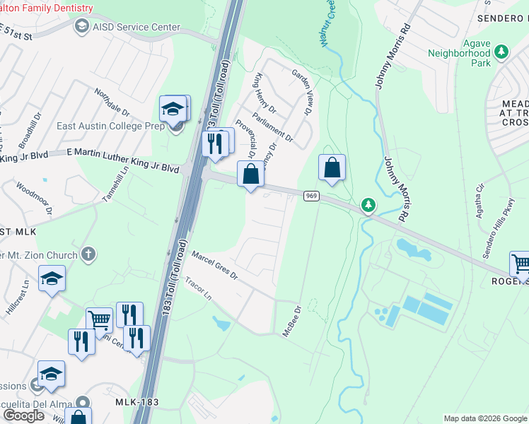 map of restaurants, bars, coffee shops, grocery stores, and more near 6300 Huntleigh Way in Austin