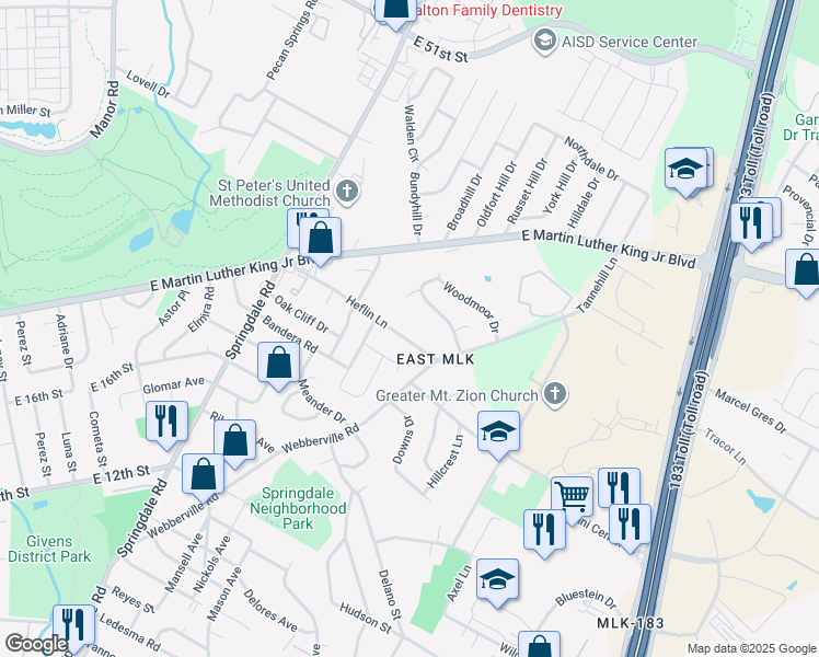 map of restaurants, bars, coffee shops, grocery stores, and more near 5102 Heflin Lane in Austin