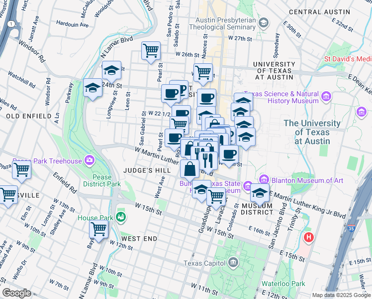 map of restaurants, bars, coffee shops, grocery stores, and more near 1912 Nueces Street in Austin
