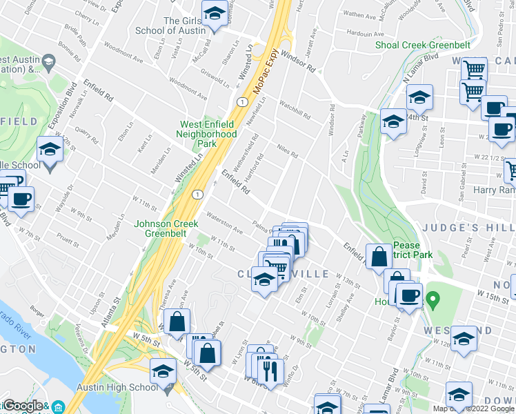 map of restaurants, bars, coffee shops, grocery stores, and more near 1705 Enfield Road in Austin