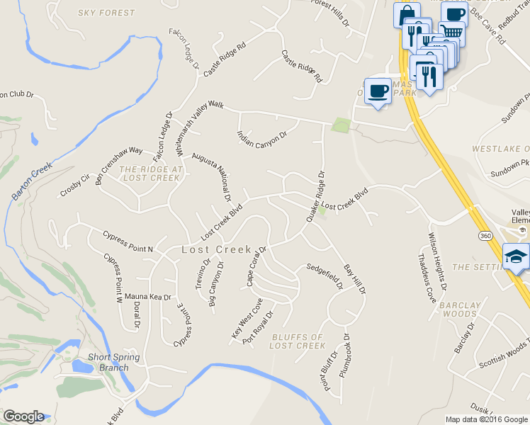 map of restaurants, bars, coffee shops, grocery stores, and more near 1402 Canoe Brook Drive in Austin