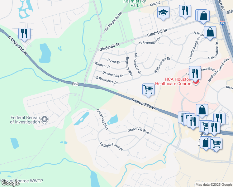 map of restaurants, bars, coffee shops, grocery stores, and more near 1400 South Loop 336 West in Conroe