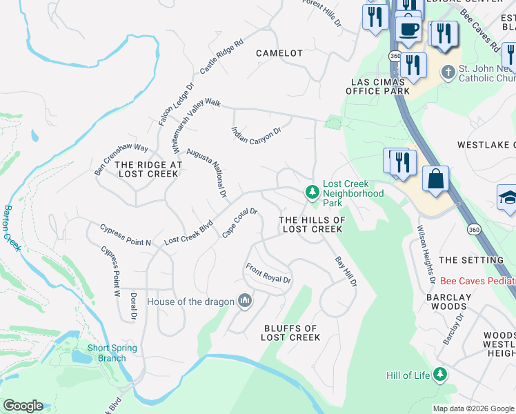 map of restaurants, bars, coffee shops, grocery stores, and more near 1402 Canoe Brook Drive in Austin