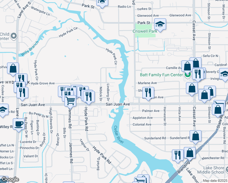 map of restaurants, bars, coffee shops, grocery stores, and more near 5615 San Juan Avenue in Jacksonville