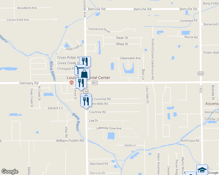 map of restaurants, bars, coffee shops, grocery stores, and more near 41109 Louisiana 931 in Gonzales