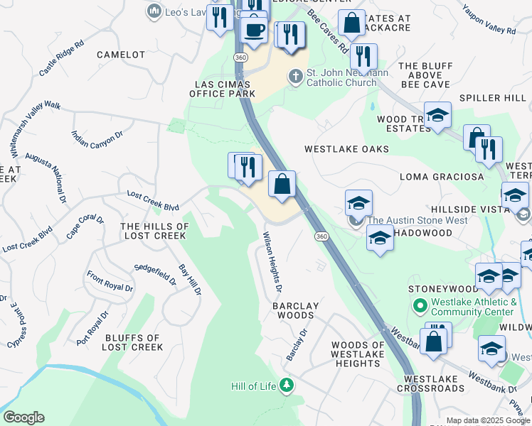 map of restaurants, bars, coffee shops, grocery stores, and more near 1142 Lost Creek Boulevard in Austin