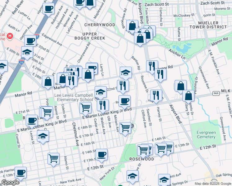 map of restaurants, bars, coffee shops, grocery stores, and more near 2809 East 22nd Street in Austin