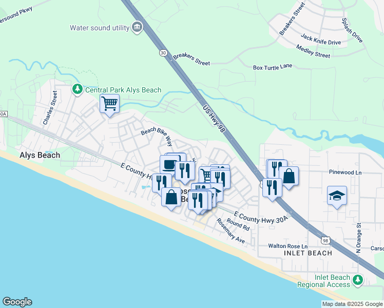map of restaurants, bars, coffee shops, grocery stores, and more near 37 Lifeguard Loop East in Panama City Beach