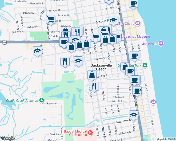 map of restaurants, bars, coffee shops, grocery stores, and more near 321 South 10th Street in Jacksonville Beach