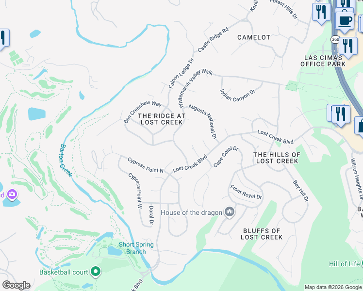 map of restaurants, bars, coffee shops, grocery stores, and more near 6500 Whitemarsh Valley Walk in Austin