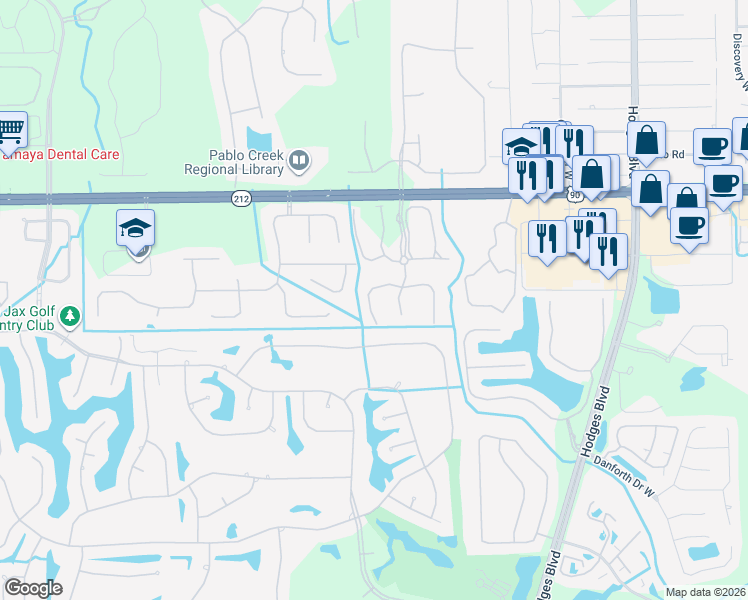 map of restaurants, bars, coffee shops, grocery stores, and more near 3714 Windmaker Way in Jacksonville