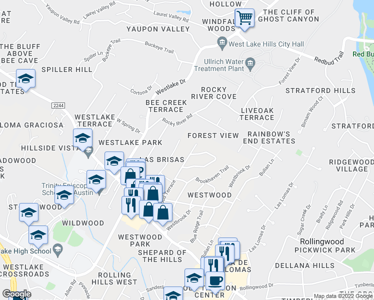 map of restaurants, bars, coffee shops, grocery stores, and more near 600 Westwood Terrace in Austin