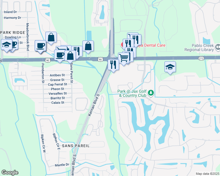 map of restaurants, bars, coffee shops, grocery stores, and more near 3591 Kernan Boulevard South in Jacksonville