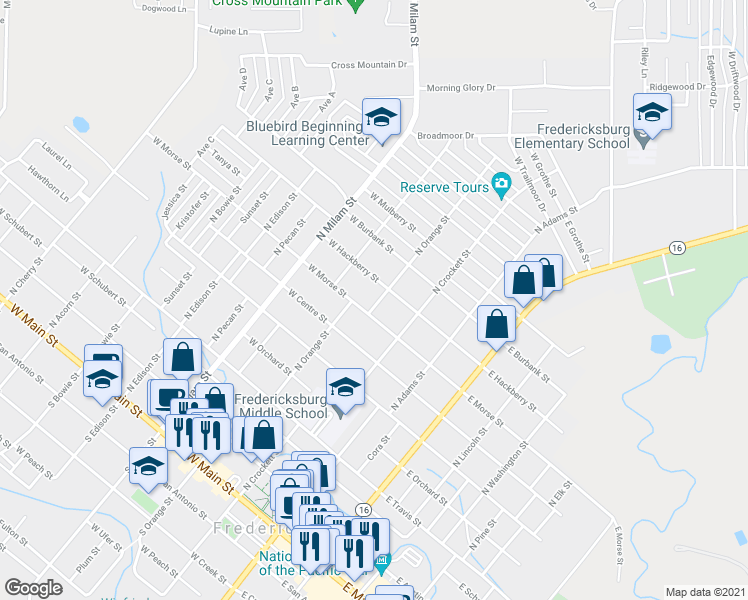 map of restaurants, bars, coffee shops, grocery stores, and more near 806 North Orange Street in Fredericksburg