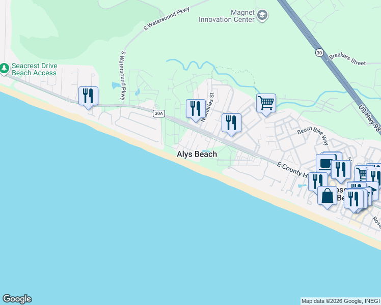 map of restaurants, bars, coffee shops, grocery stores, and more near in Alys Beach