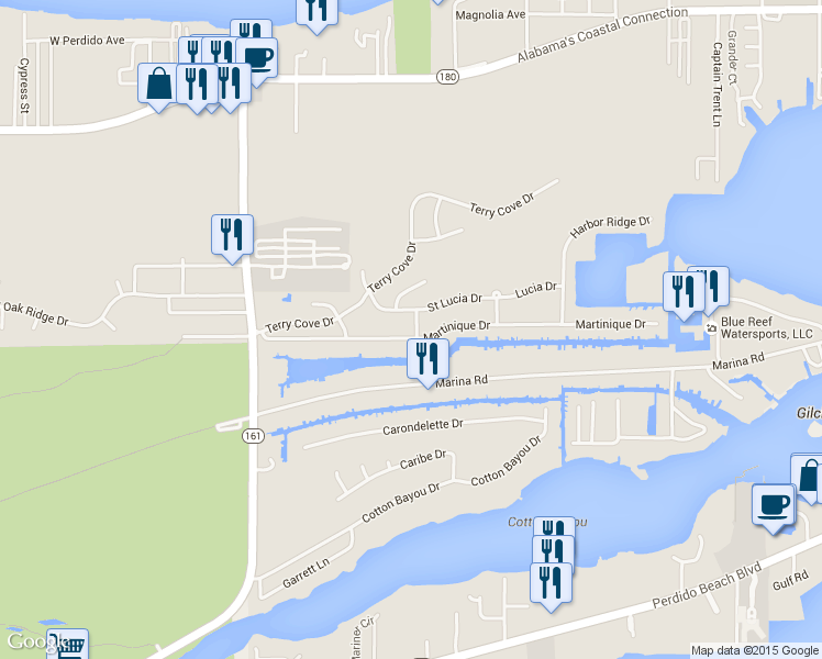map of restaurants, bars, coffee shops, grocery stores, and more near 26537 Martinique Drive in Orange Beach