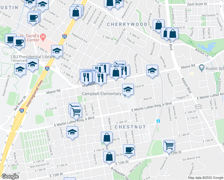map of restaurants, bars, coffee shops, grocery stores, and more near 2109 Maldon Place in Austin