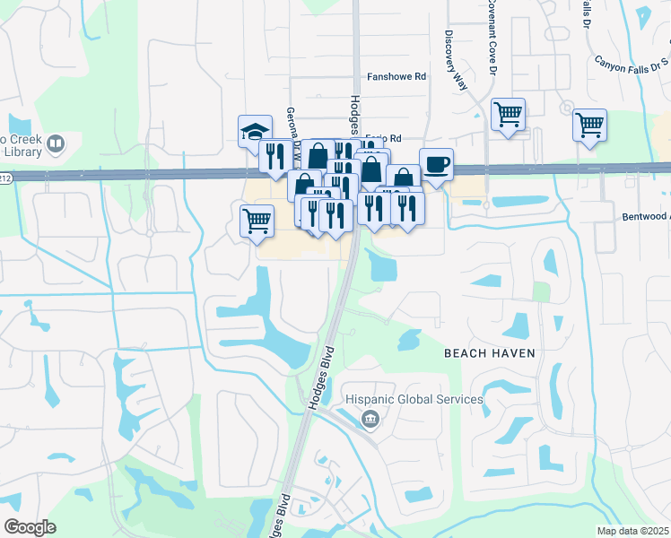 map of restaurants, bars, coffee shops, grocery stores, and more near 3792 casitas Drive in Jacksonville