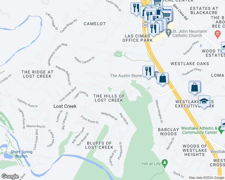 map of restaurants, bars, coffee shops, grocery stores, and more near 1325 Lost Creek Boulevard in Austin