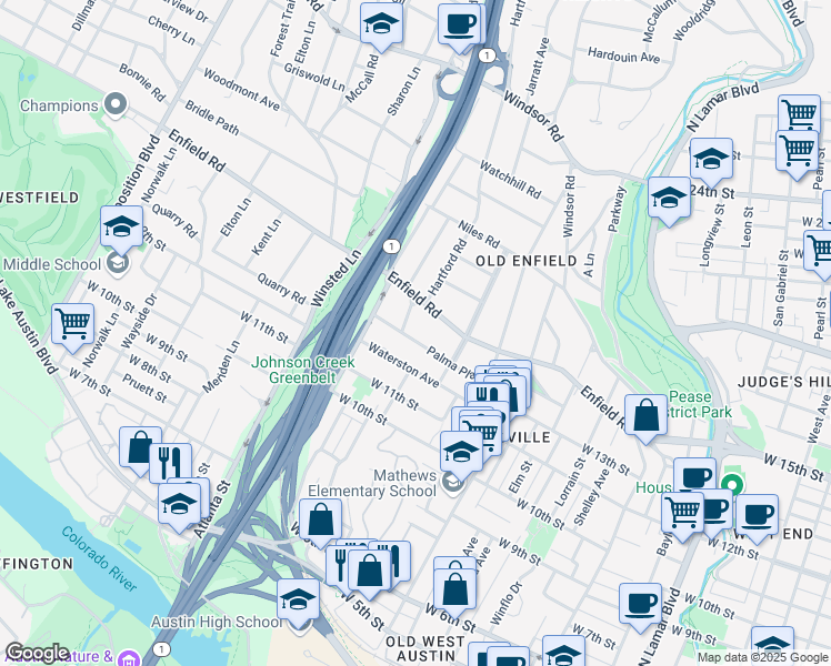 map of restaurants, bars, coffee shops, grocery stores, and more near 1718 Palma Plaza in Austin