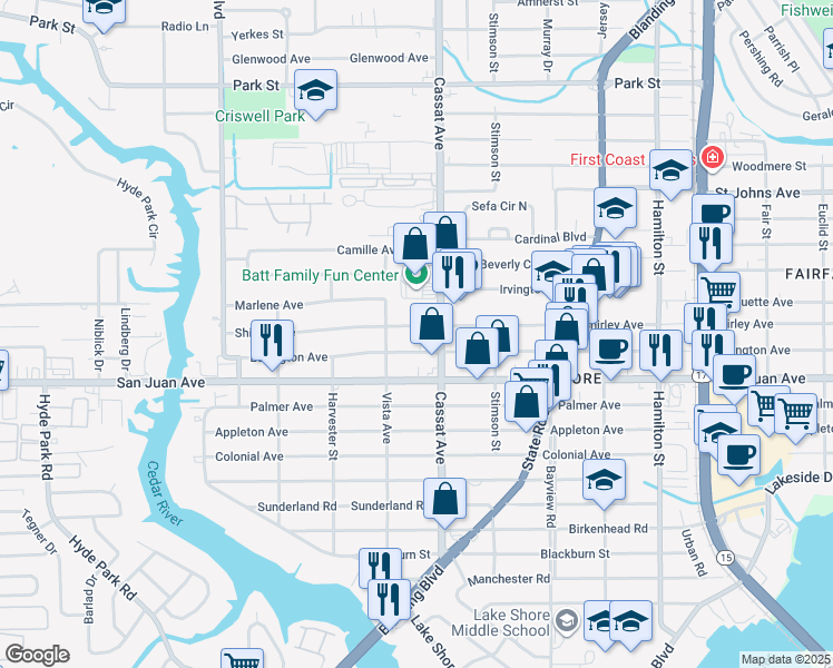 map of restaurants, bars, coffee shops, grocery stores, and more near 5045 Lexington Avenue in Jacksonville