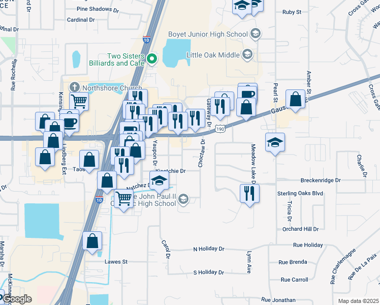 map of restaurants, bars, coffee shops, grocery stores, and more near 39332 Rosalind Drive in Slidell