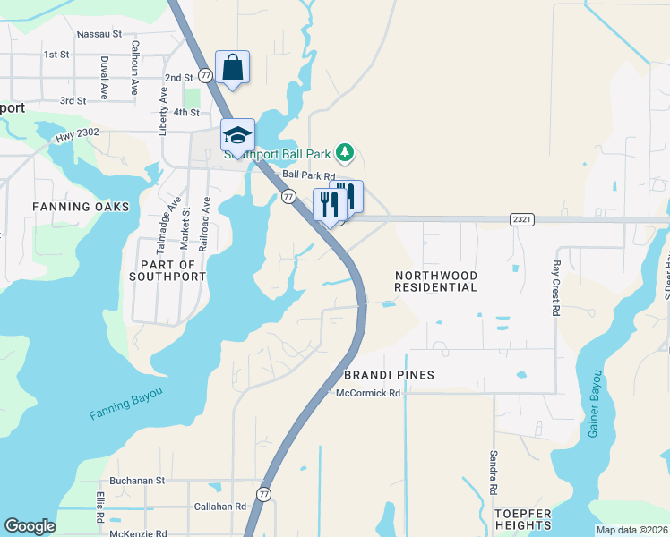 map of restaurants, bars, coffee shops, grocery stores, and more near 7401 Florida 77 in Southport